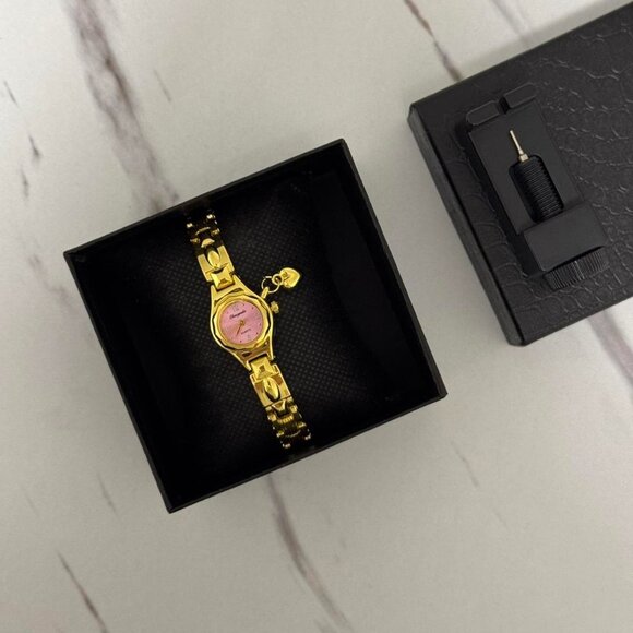 American Vintage Accessories - SKU:0036 cute gold pink mini watch bracelet with heart + in a gift box